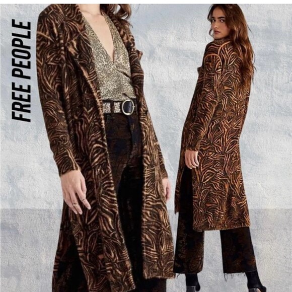 Free People Sweaters - New Free People Animal Print Cardi Duster Maxi small Furry Side Slit Soft $298